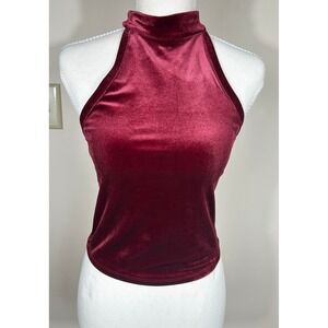 BOZZOLO Burgundy Velvet Mock Neck Halter Crop Top Women's L Club Party Dainty